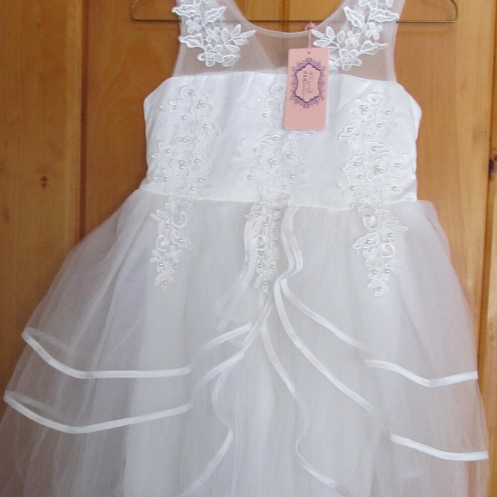 sz 12 Junior Bridesmaid Dress Flower Girls Dress White Formal Dresses for Girls